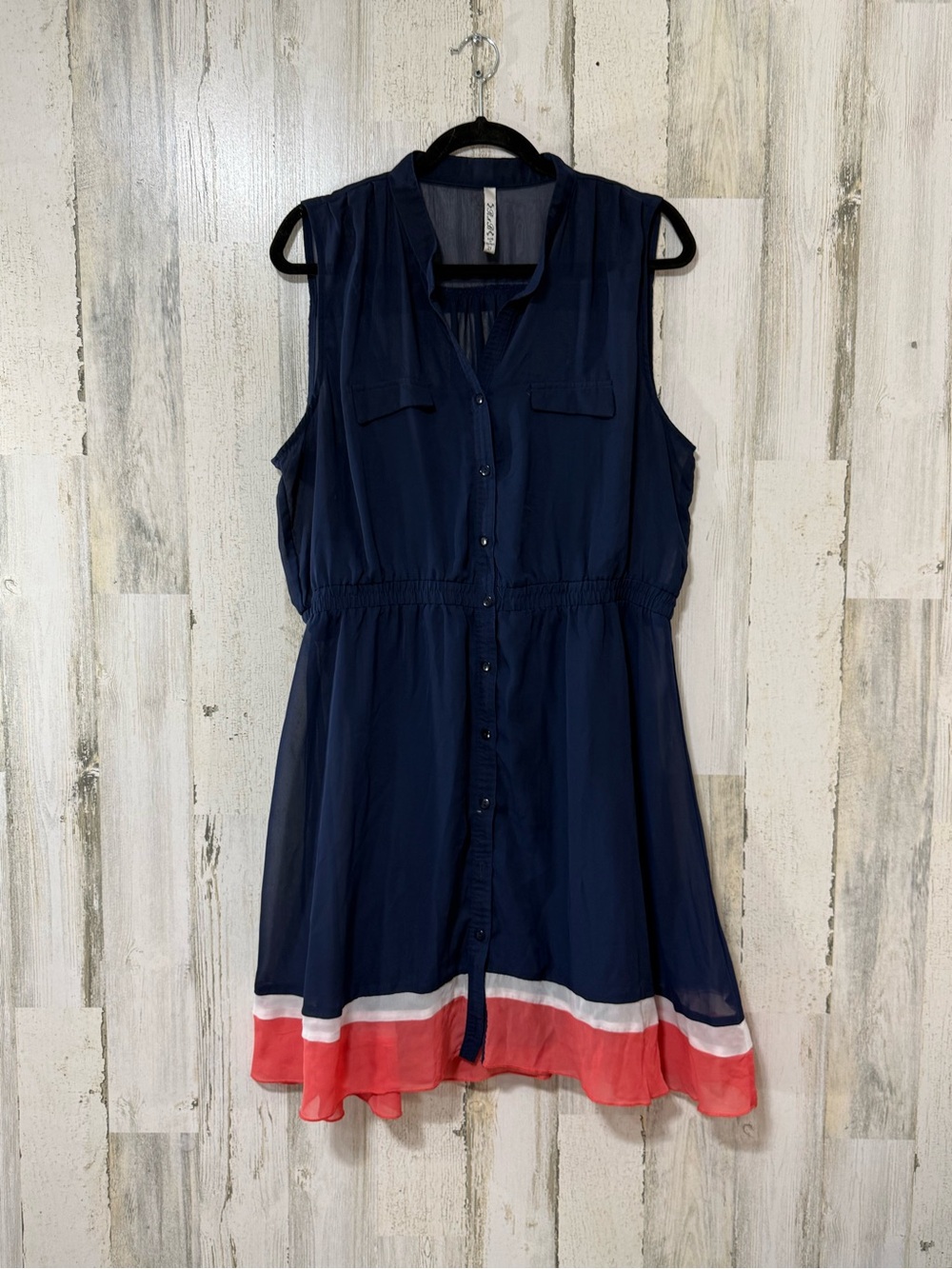 Sleeveless Navy Midi Dress with Coral & White Hem
